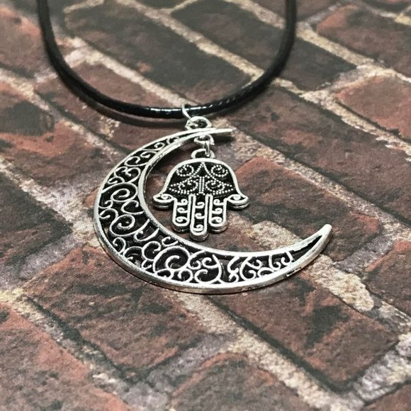 Filigree Crescent Moon Hamsa Hand Necklace Hindu - Picture 2 of 7